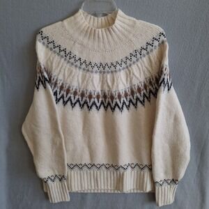 Nicole Miller Artelier Fair Isle Mock Neck Sweater XL Ivory Cotton Blend Boho
